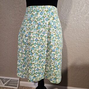 J‎ Jill Petite Skirt Tropical House Palm Tree Print Blue Green Yellow Size M